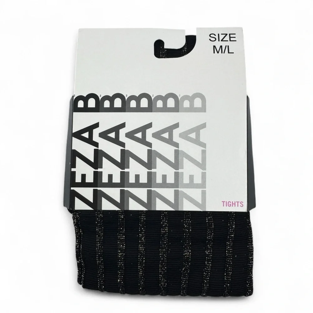 Zeza B Womens Control Top‎ Tights Black with Metallic Gold Stripes Size M/L